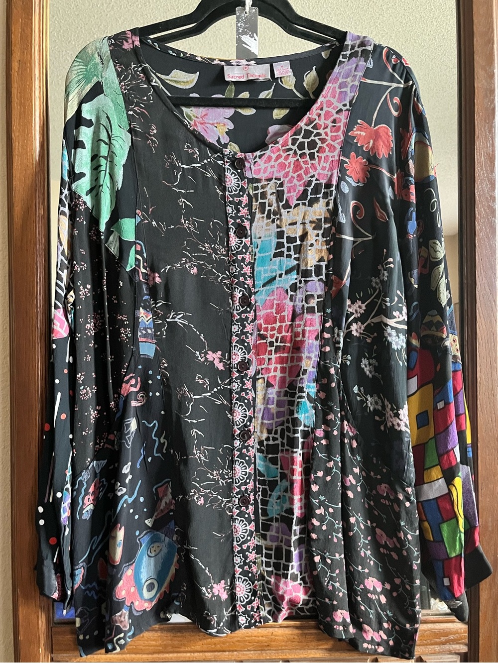 Vintage Sacred Threads Black Multicolor Patchwork-Print Blouse